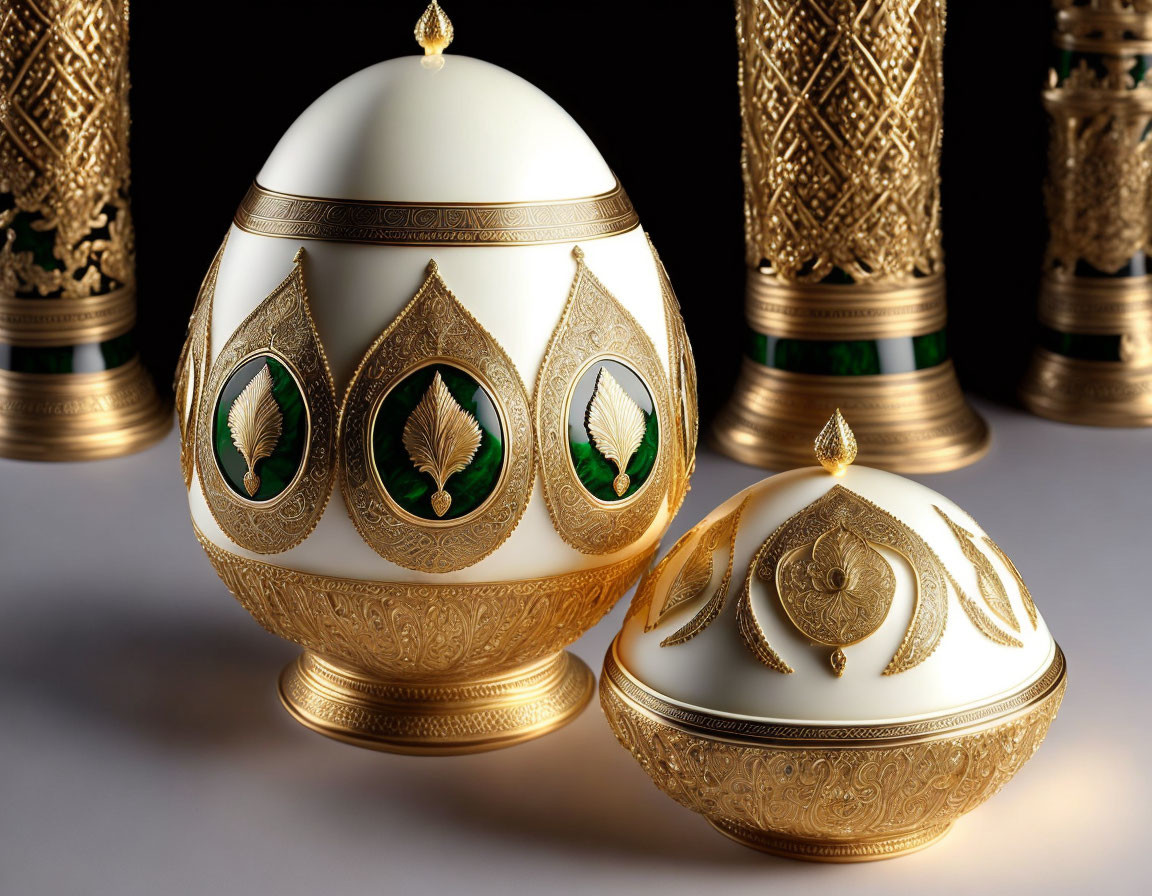 Ornate white and gold egg with peacock feather designs on reflective surface