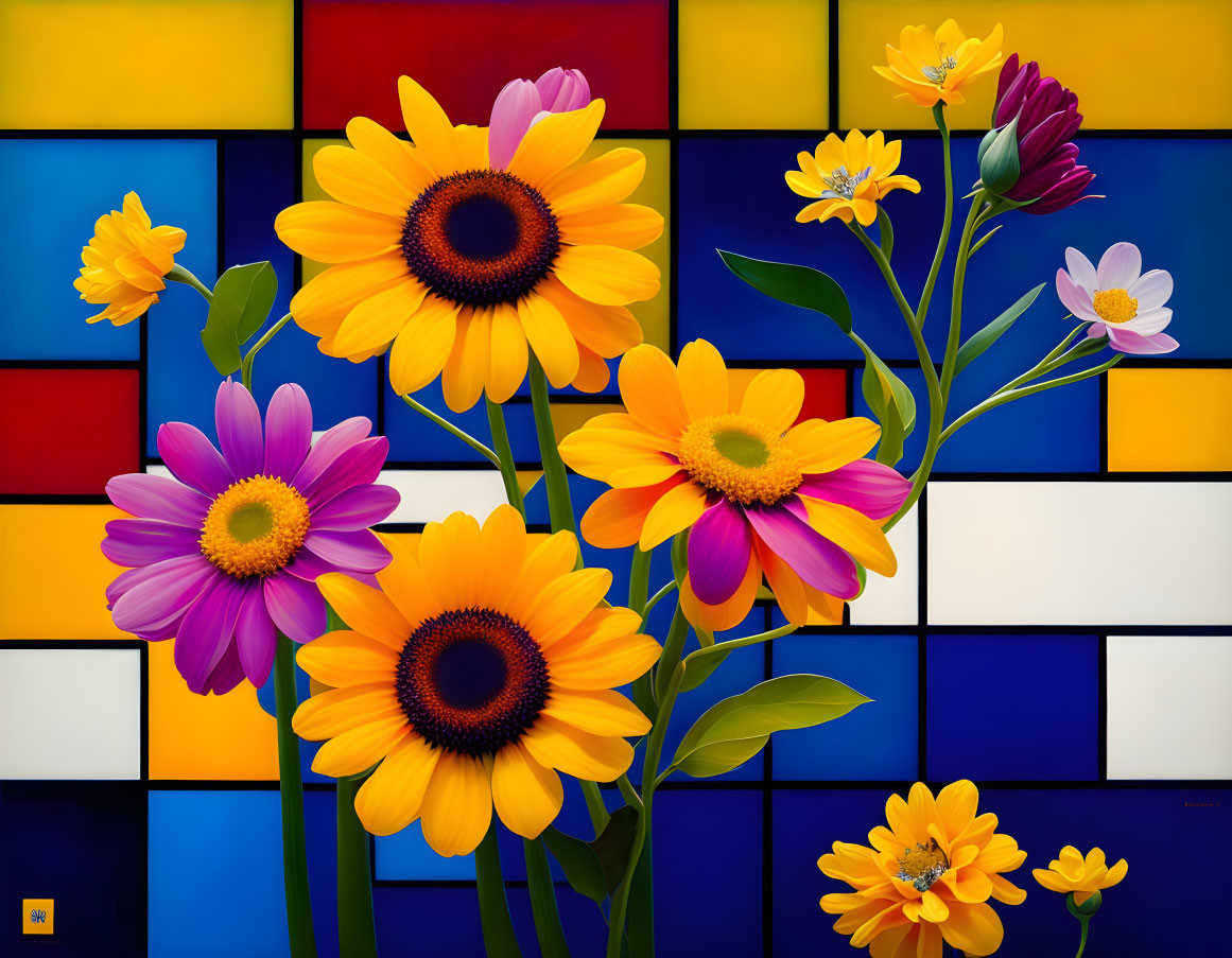 Colorful Sunflowers and Blossoms on Geometric Background