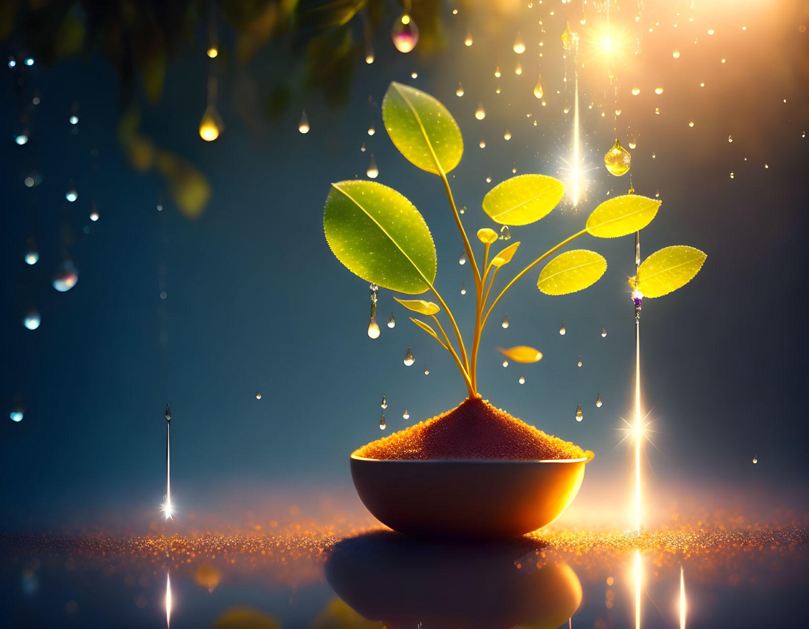 Green plant with dew drops in bowl in magical atmosphere