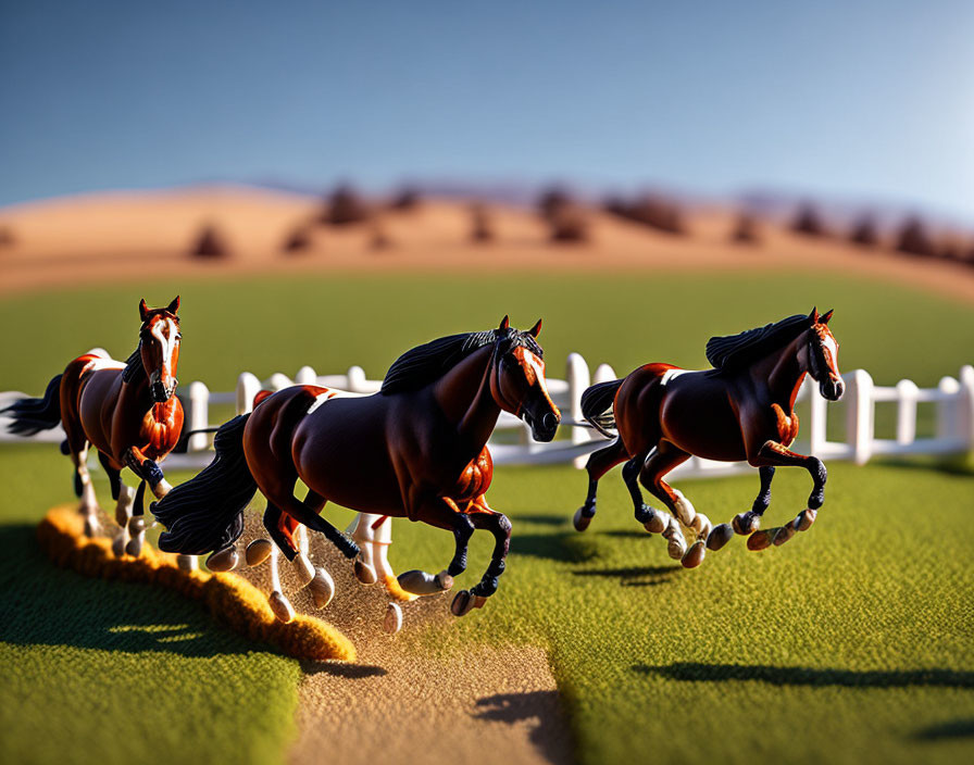 Toy horses racing on green grass with white fence and sand dunes.