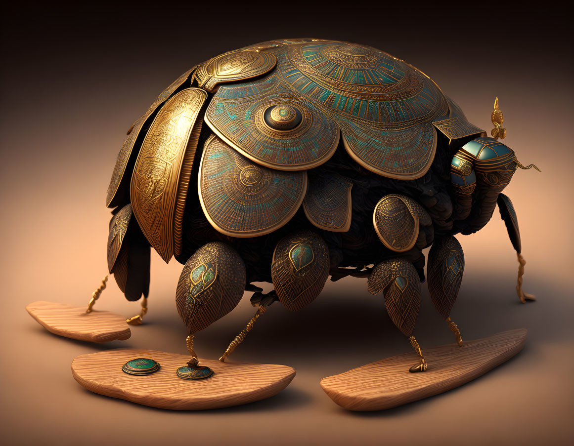 Golden Scarab Beetle Digital Art on Wooden Platforms in Warm-toned Setting