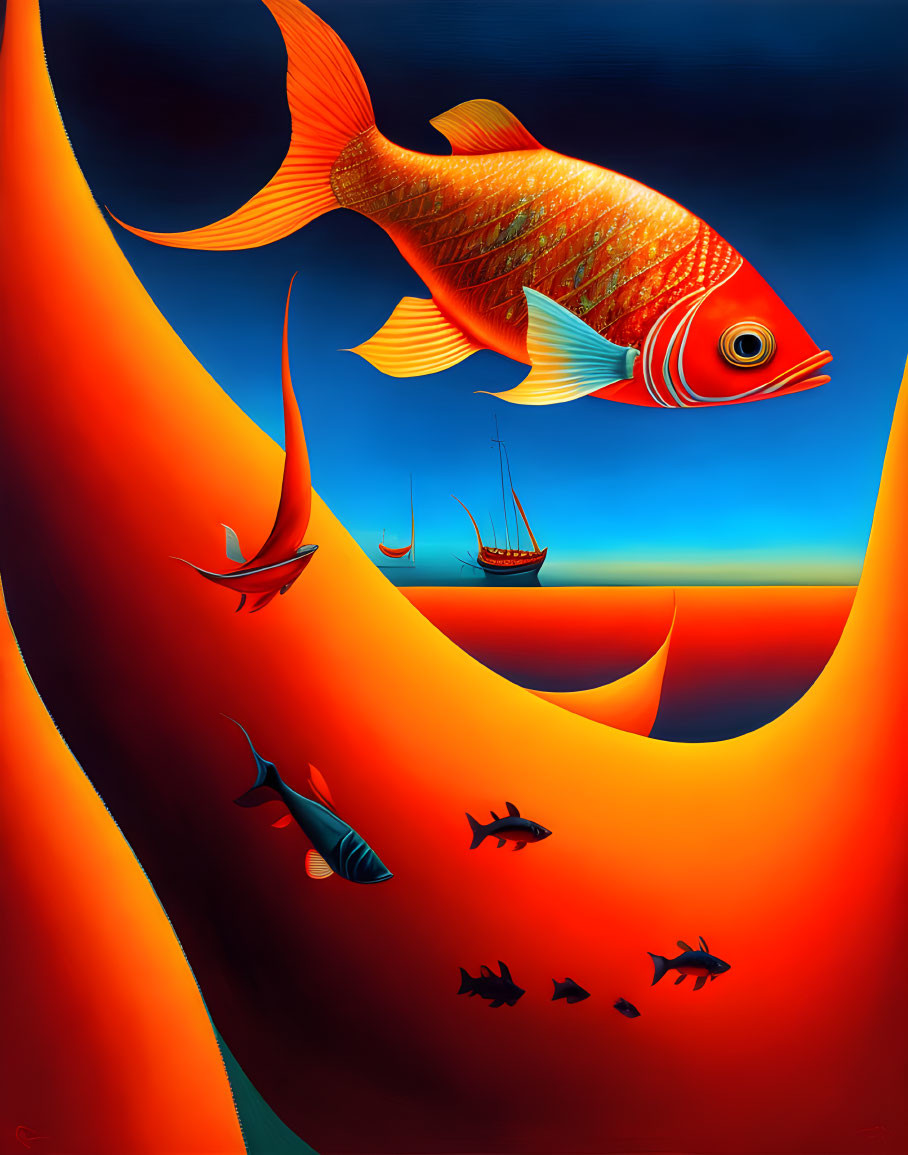 Colorful surrealist artwork: Large goldfish flying in orange sky with fish and sailboats in blue