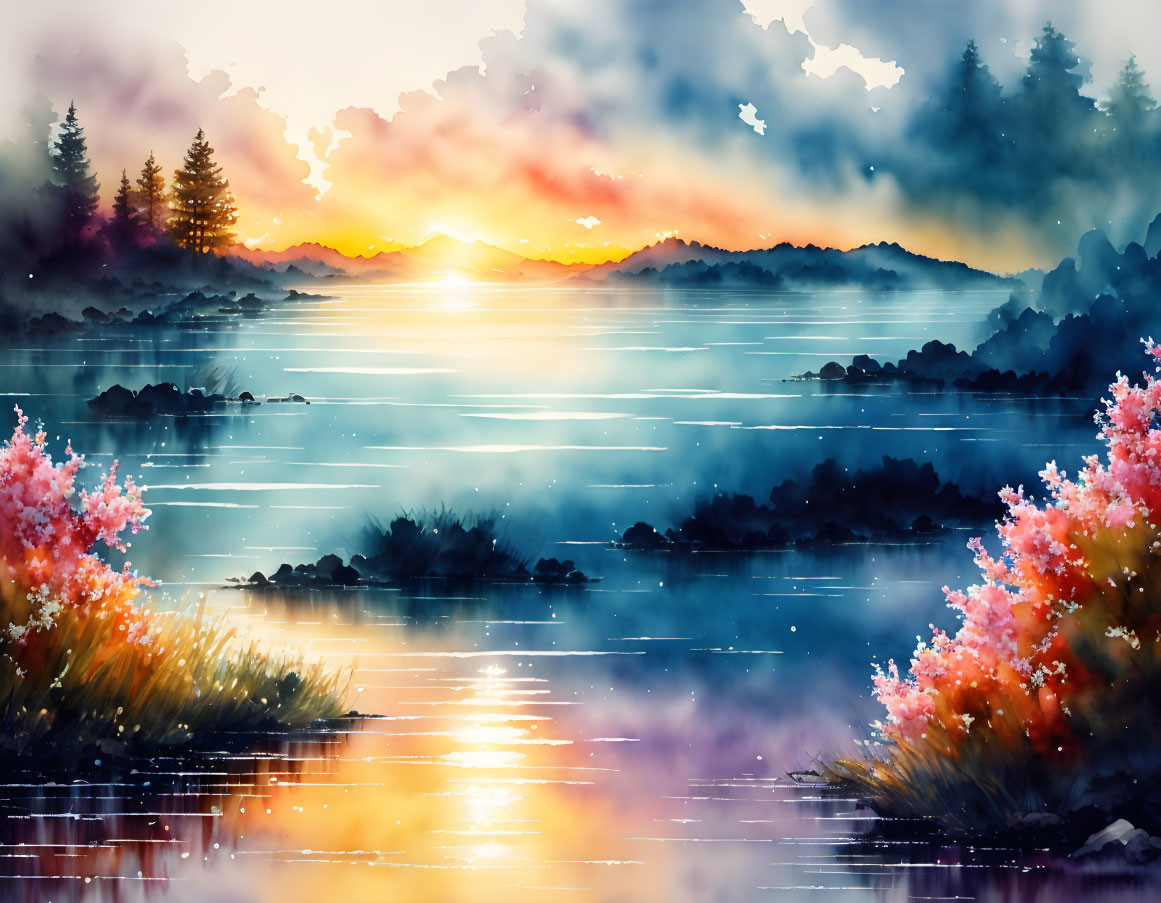 Serene sunset lake watercolor illustration with pink blooming trees