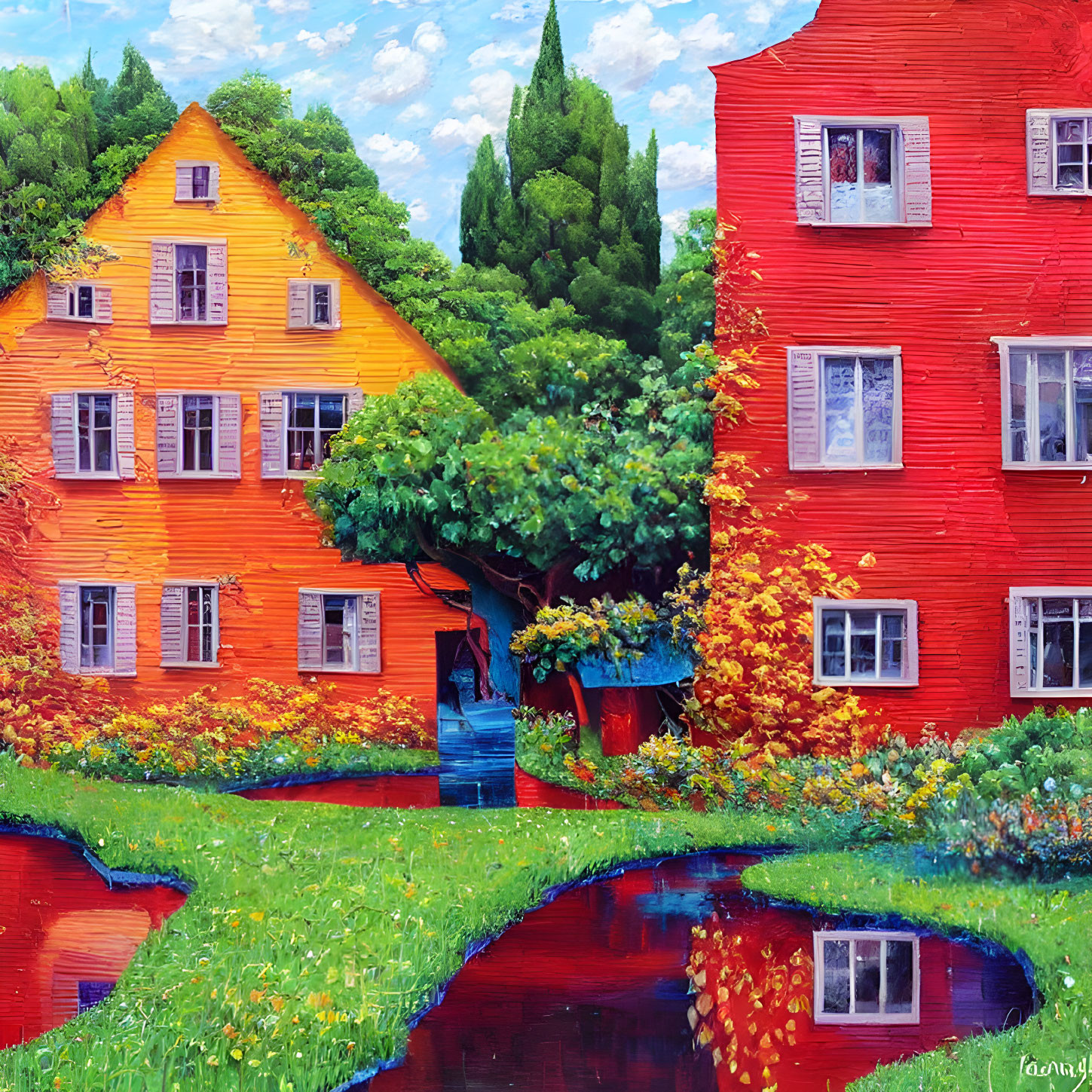 Colorful painting of yellow and red houses in green landscape with blue stream