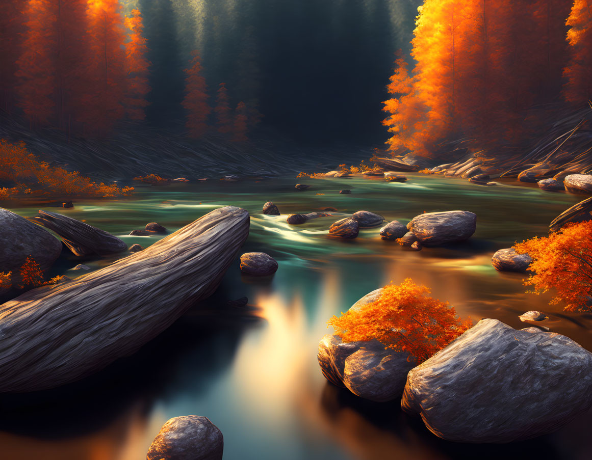 Tranquil forest river scene with vibrant orange foliage