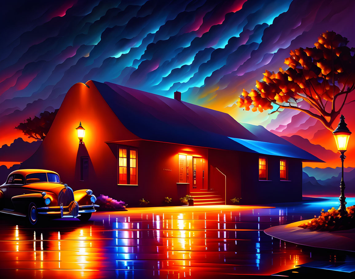 Digital art: Cozy house at dusk with classic car under dramatic sky