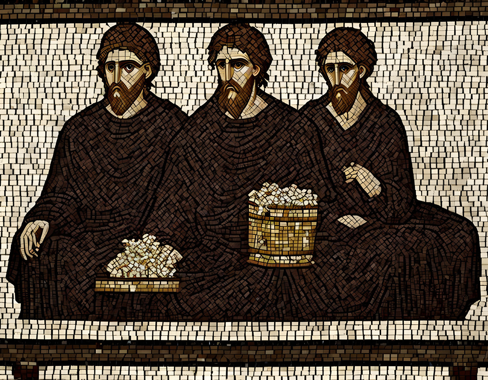 Three robed figures with beards and gold coins in a mosaic