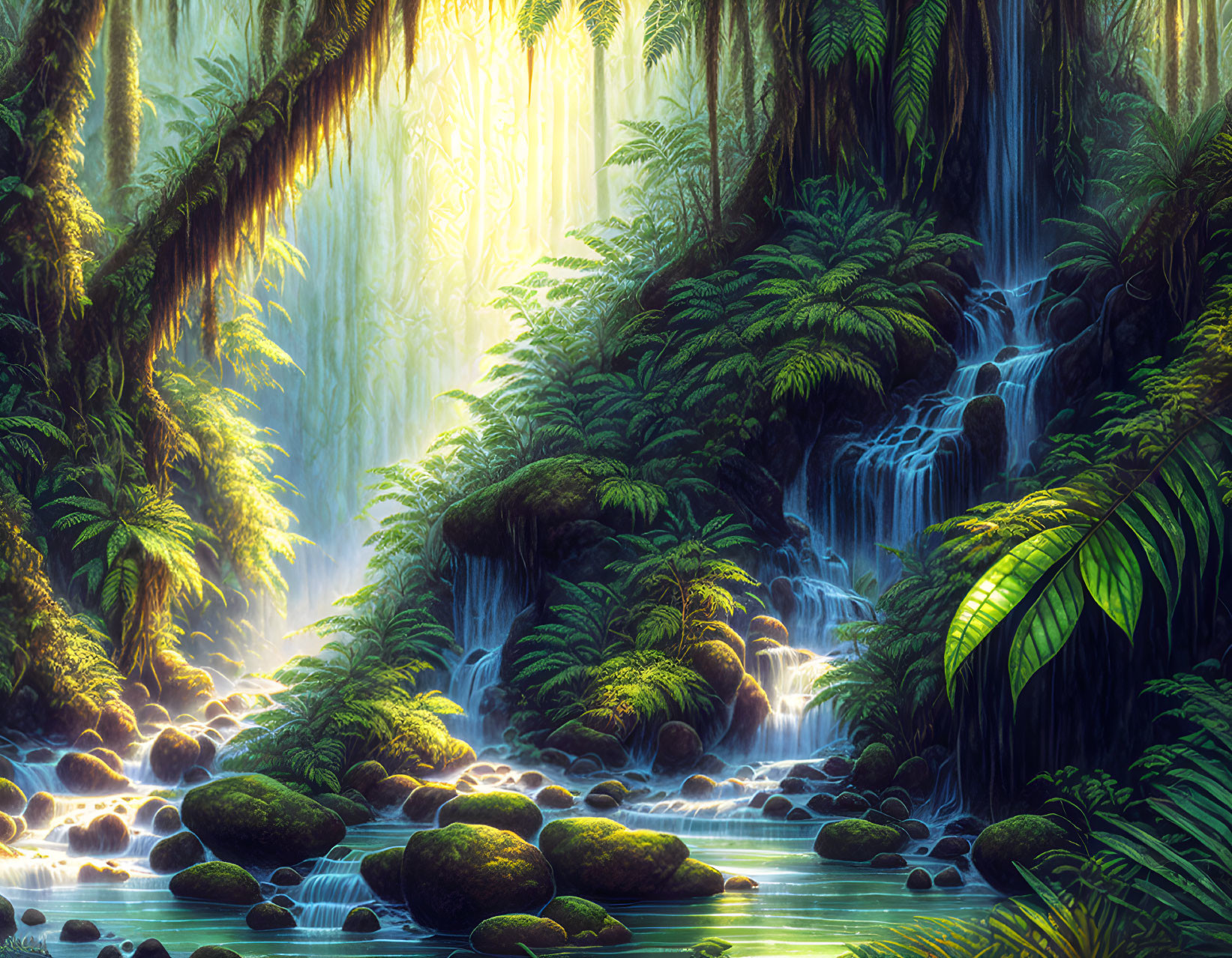 Tranquil forest waterfall scene with sunlight filtering through foliage