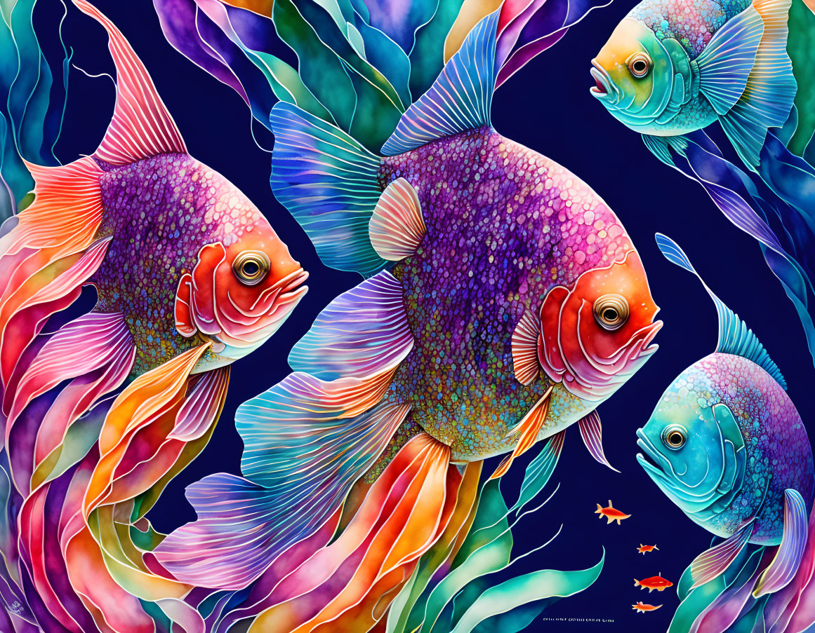 Vibrant fish and seaweed in whimsical underwater illustration