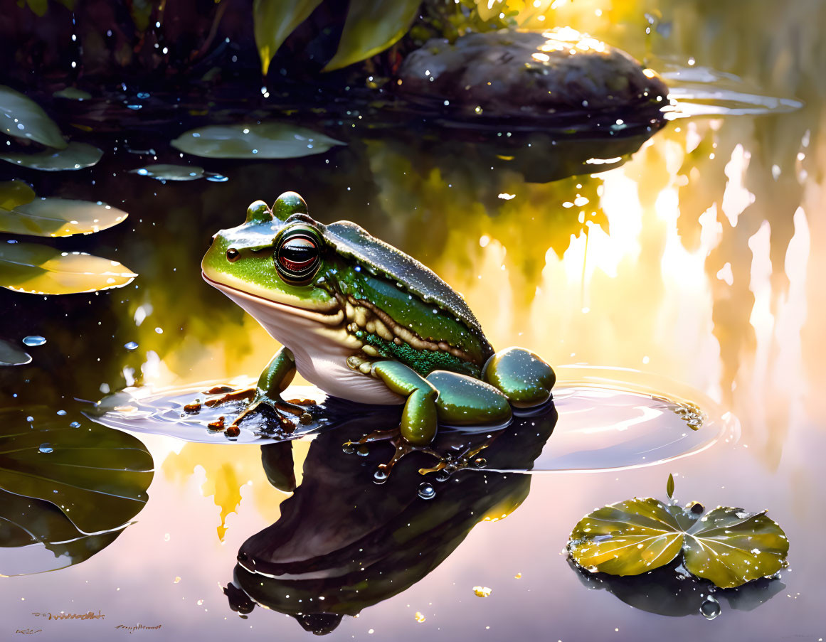 Green frog on lily pad in sunlit pond with golden reflections