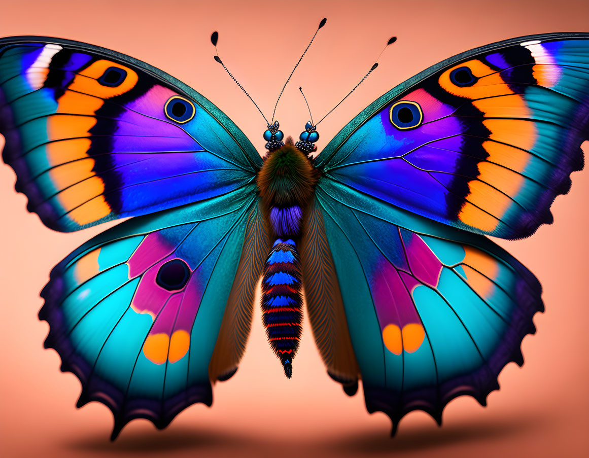 Colorful Butterfly with Blue and Orange Wings on Soft Background