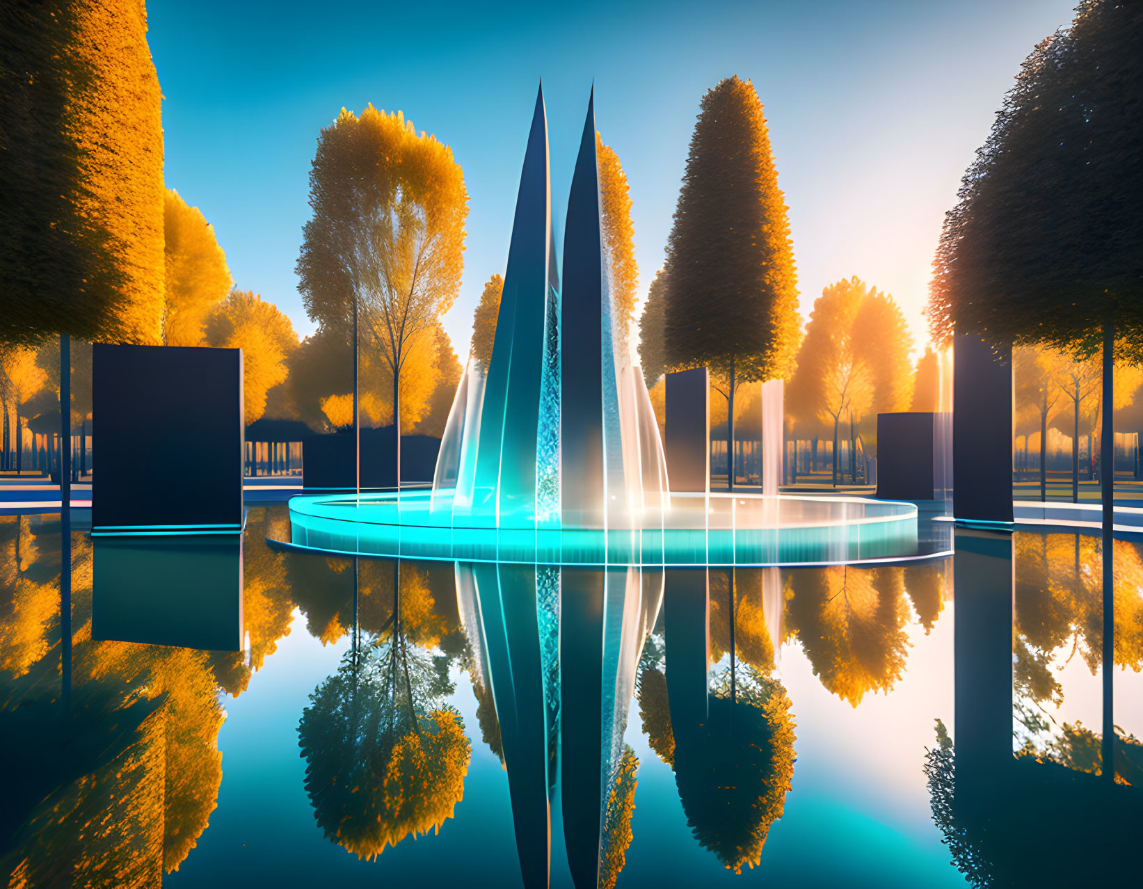 Tranquil Park with Modern Fountain and Trimmed Trees at Sunrise