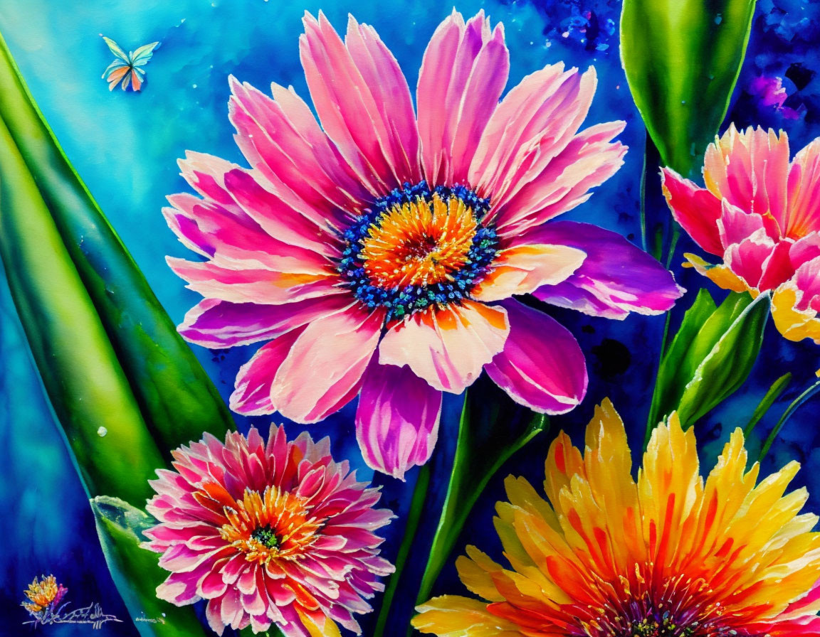 Colorful Floral Painting with Pink Bloom and Butterfly on Blue Background