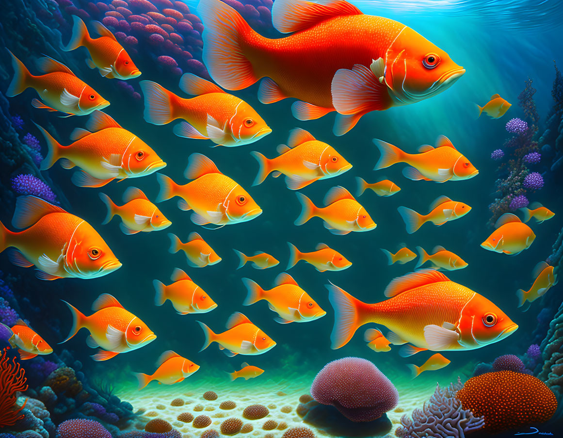 School of Orange Fish Swimming Among Coral Reefs in Clear Blue Water