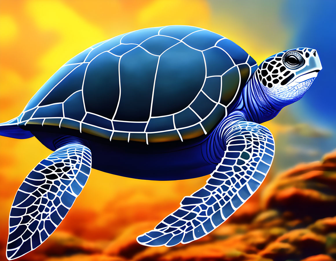 Colorful Sea Turtle Swimming over Coral Reef with Orange and Blue Background