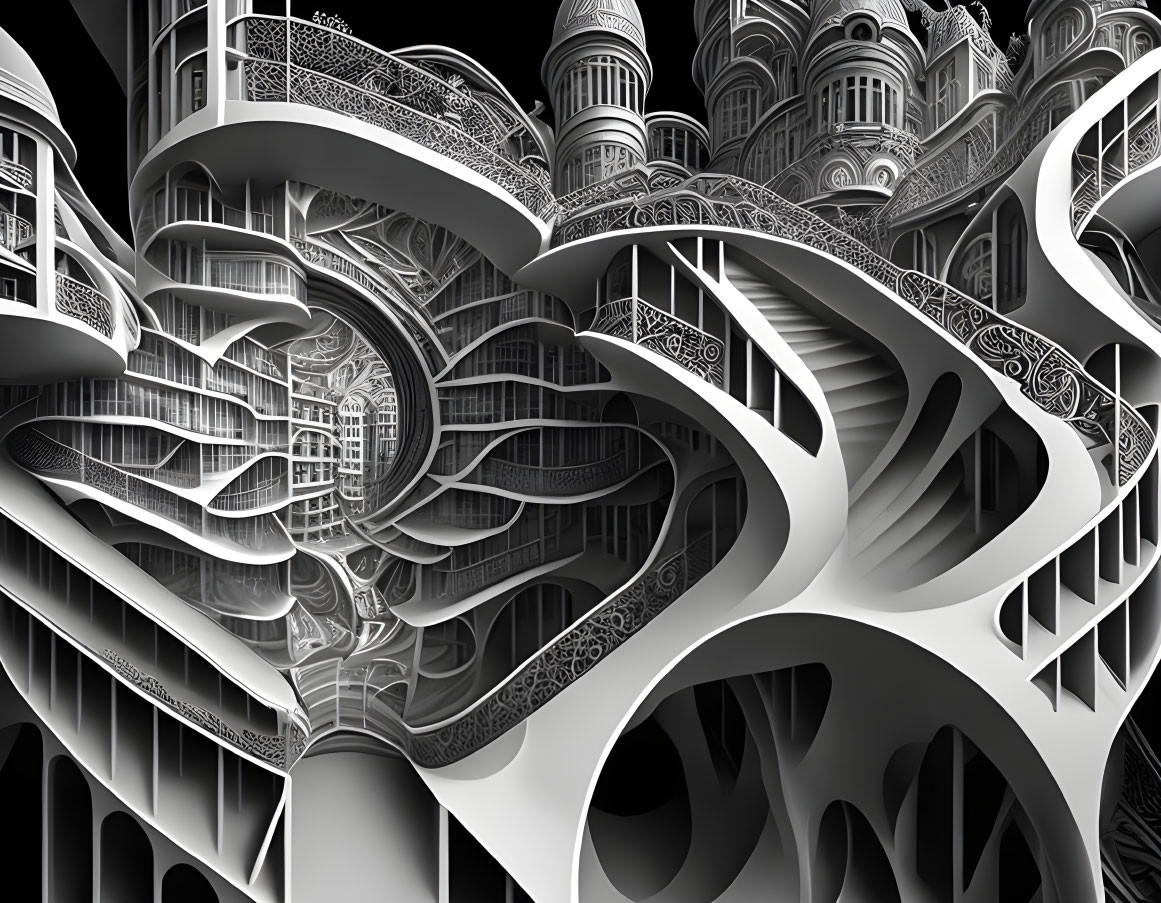 Detailed black and white surreal architectural illustration.