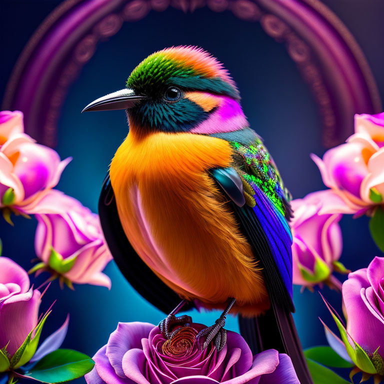 Colorful Bird Perched on Rose Surrounded by Flowers