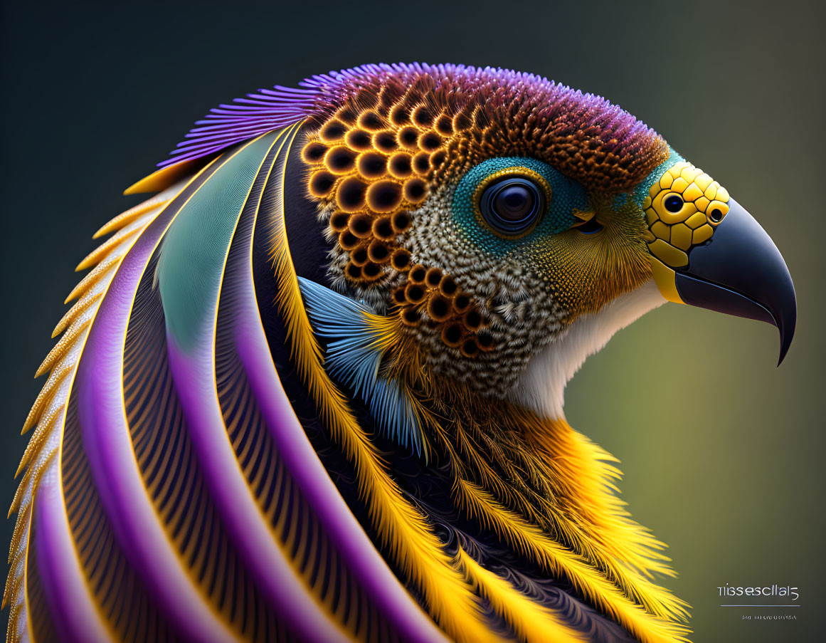 Vibrantly colored bird with yellow, purple, and blue feathers, eye, and beak detailed