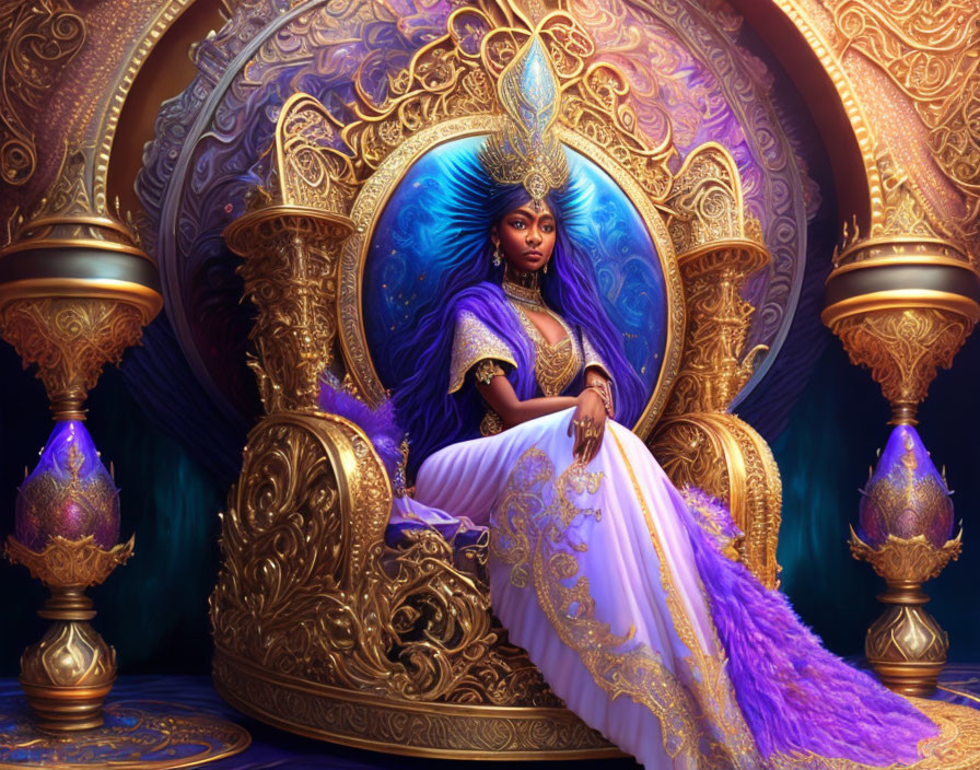 Regal woman with vibrant blue hair on golden throne in purple and gold attire