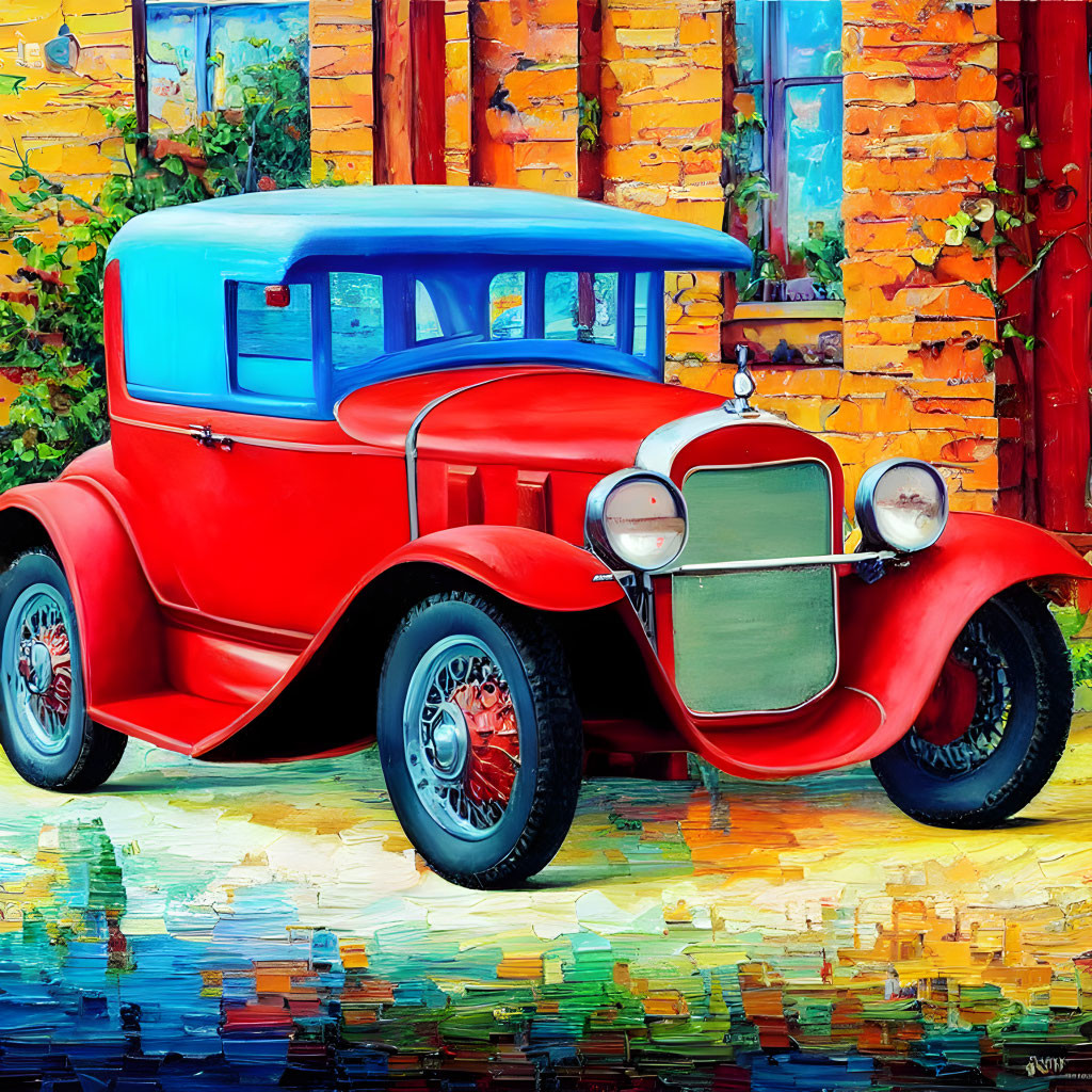 Colorful vintage car painting by vibrant wall.