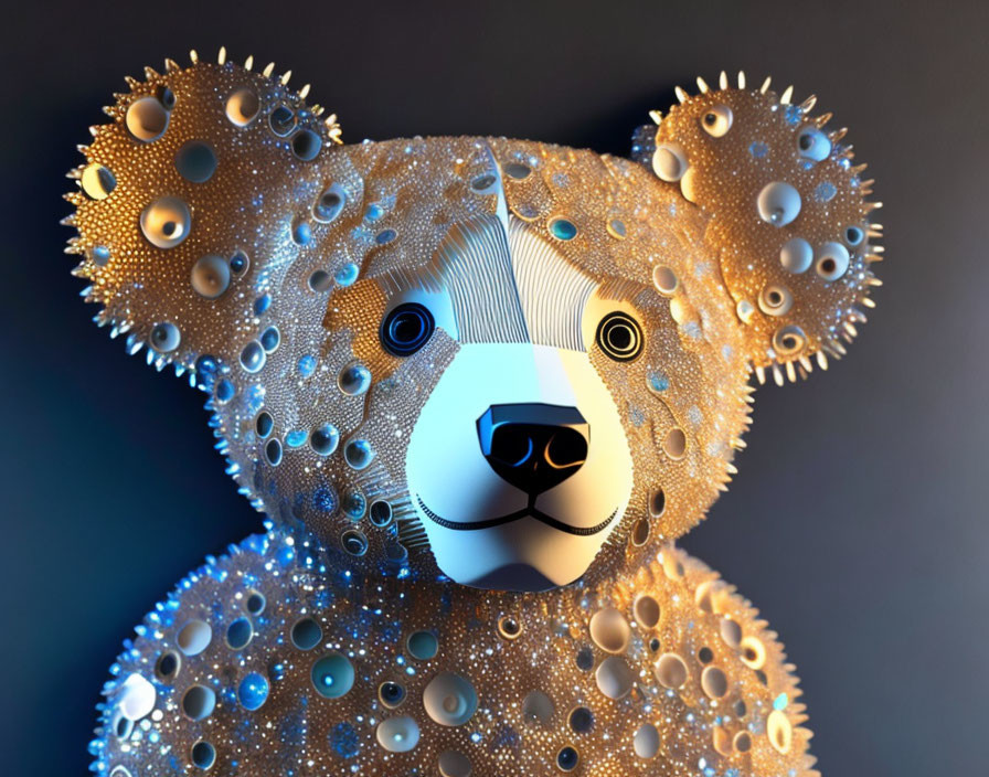 Glimmering 3D Teddy Bear with Geometric Pattern and Reflective Spheres