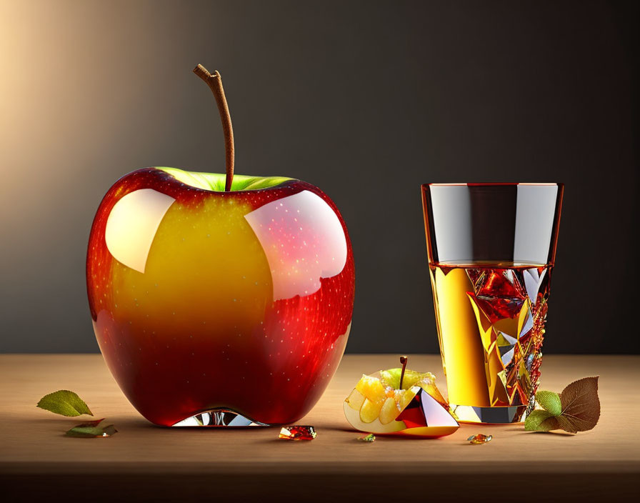 Red apple, amber drink, sliced fruits on reflective surface