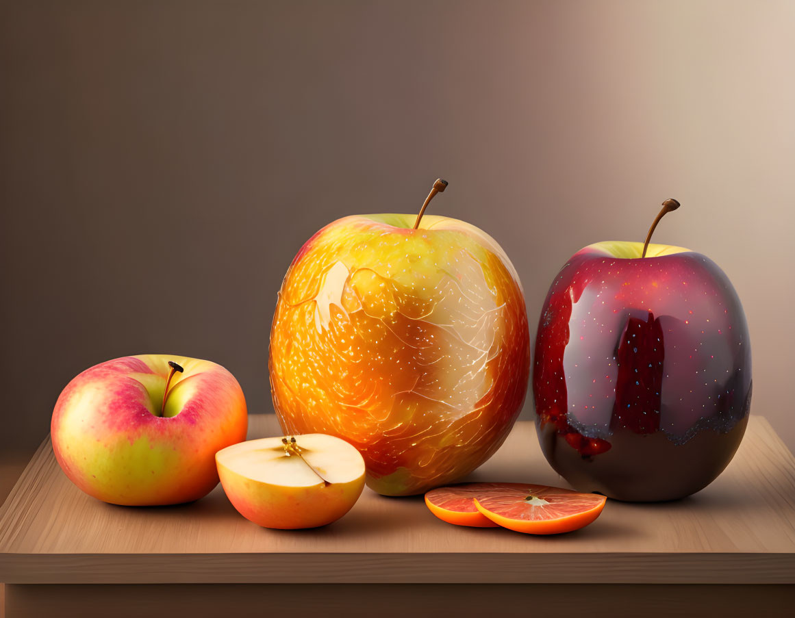 Realistic digital apples and orange slice on wooden shelf