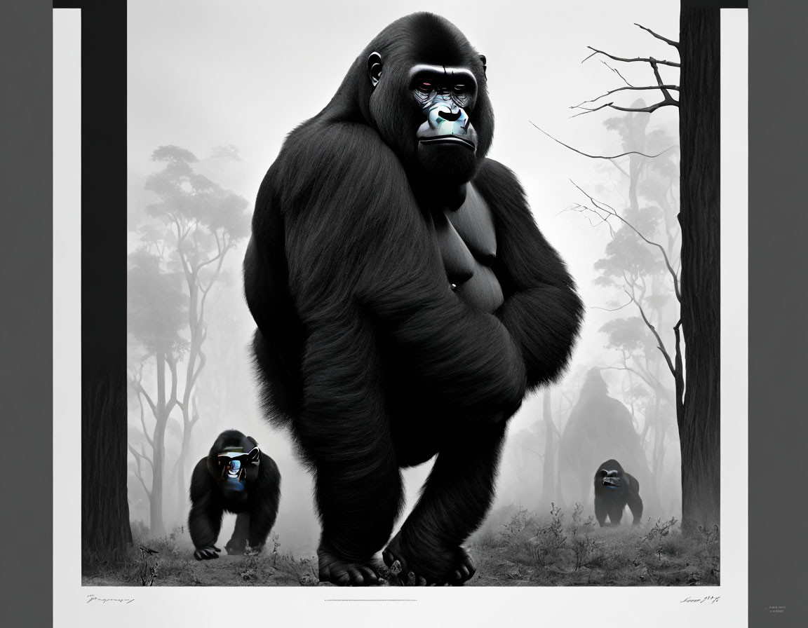 Oversized gorillas with humanoid features in misty forest scenery