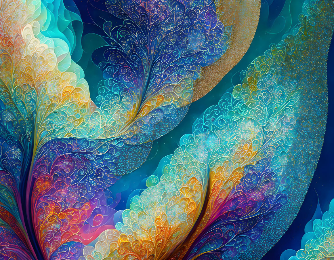 Colorful digital artwork: stylized fractal-like leaves in blue, turquoise, gold, and red