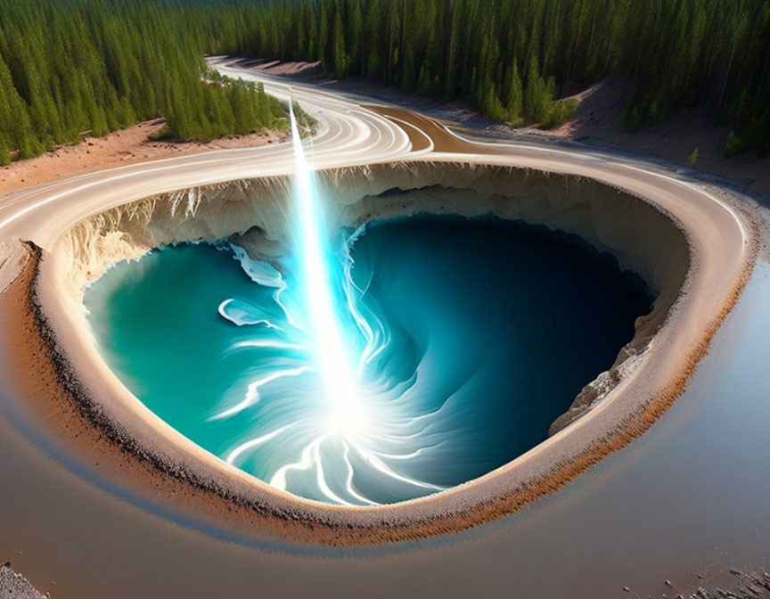 Surreal image: Road curves around circular pit with swirling blue water