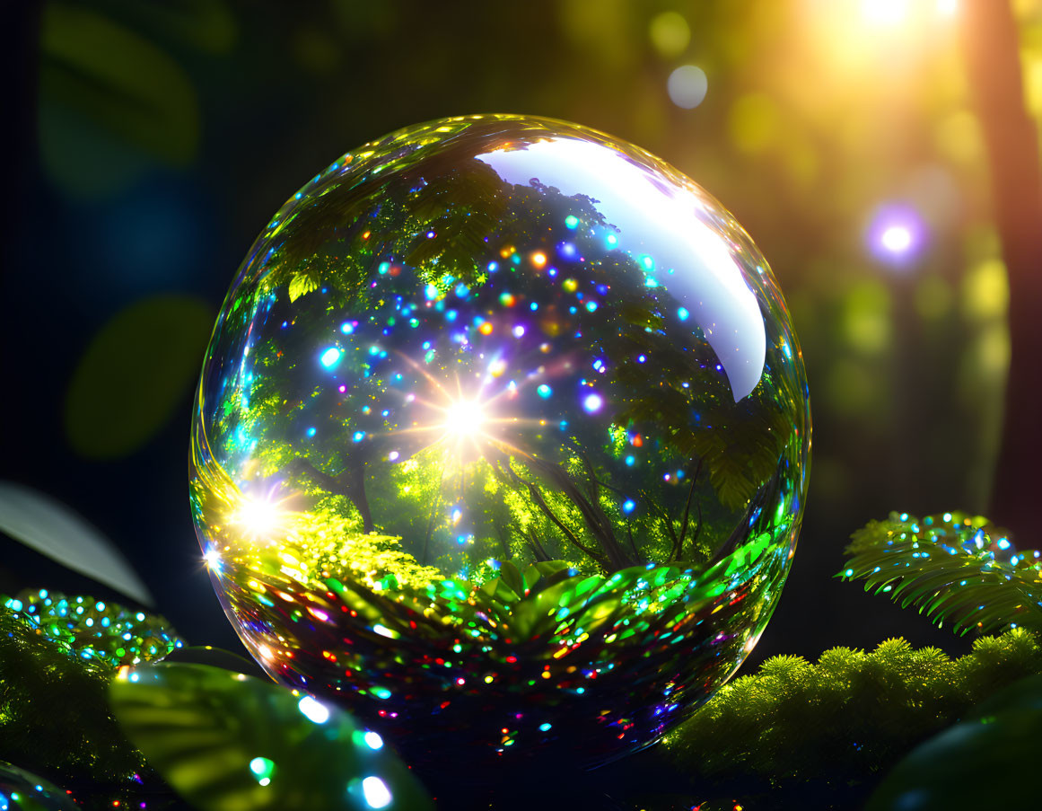 Crystal Ball Reflects Verdant Forest and Sunburst