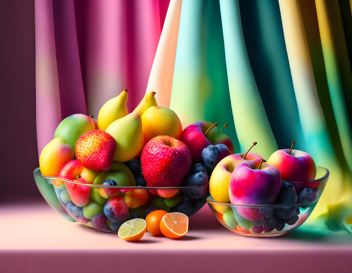 Colorful Still Life: Assorted Fruits in Glass Bowl on Draped Fabric Background