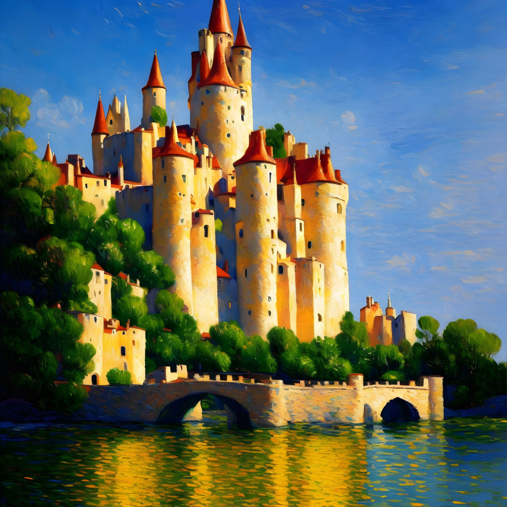 Majestic castle with spires by water and stone bridge