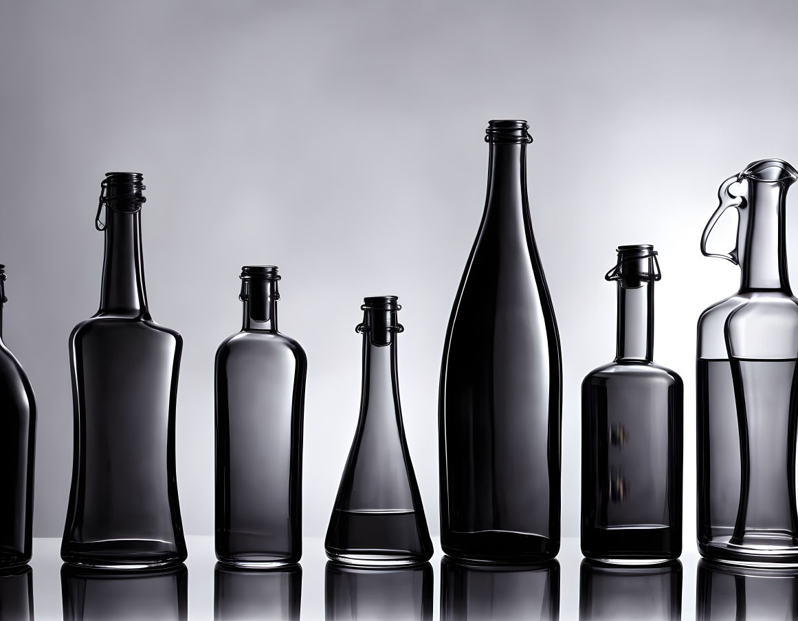 Empty Glass Bottles in Different Shapes and Sizes on Reflective Surface