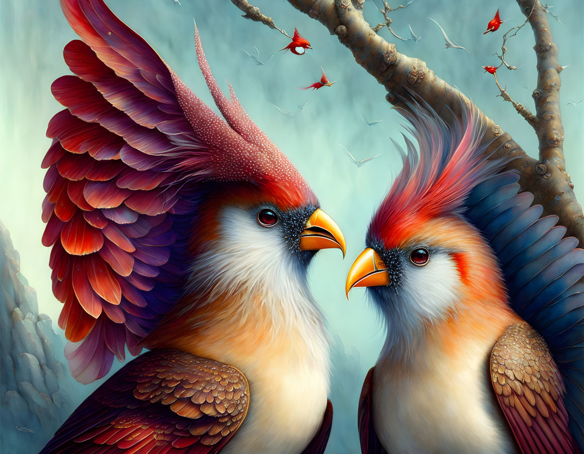 Colorful Stylized Birds on Branch with Serene Backdrop