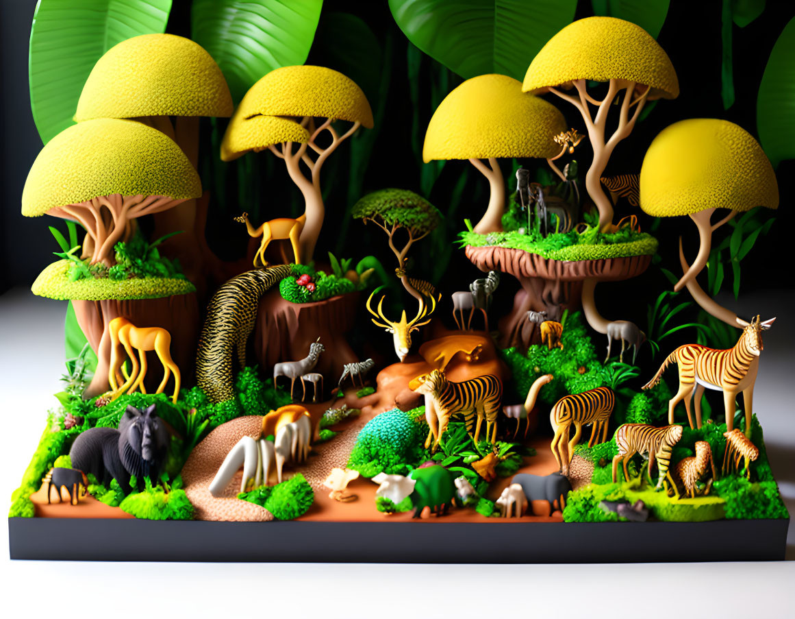 Colorful 3D jungle scene with stylized trees, animals, and mushrooms