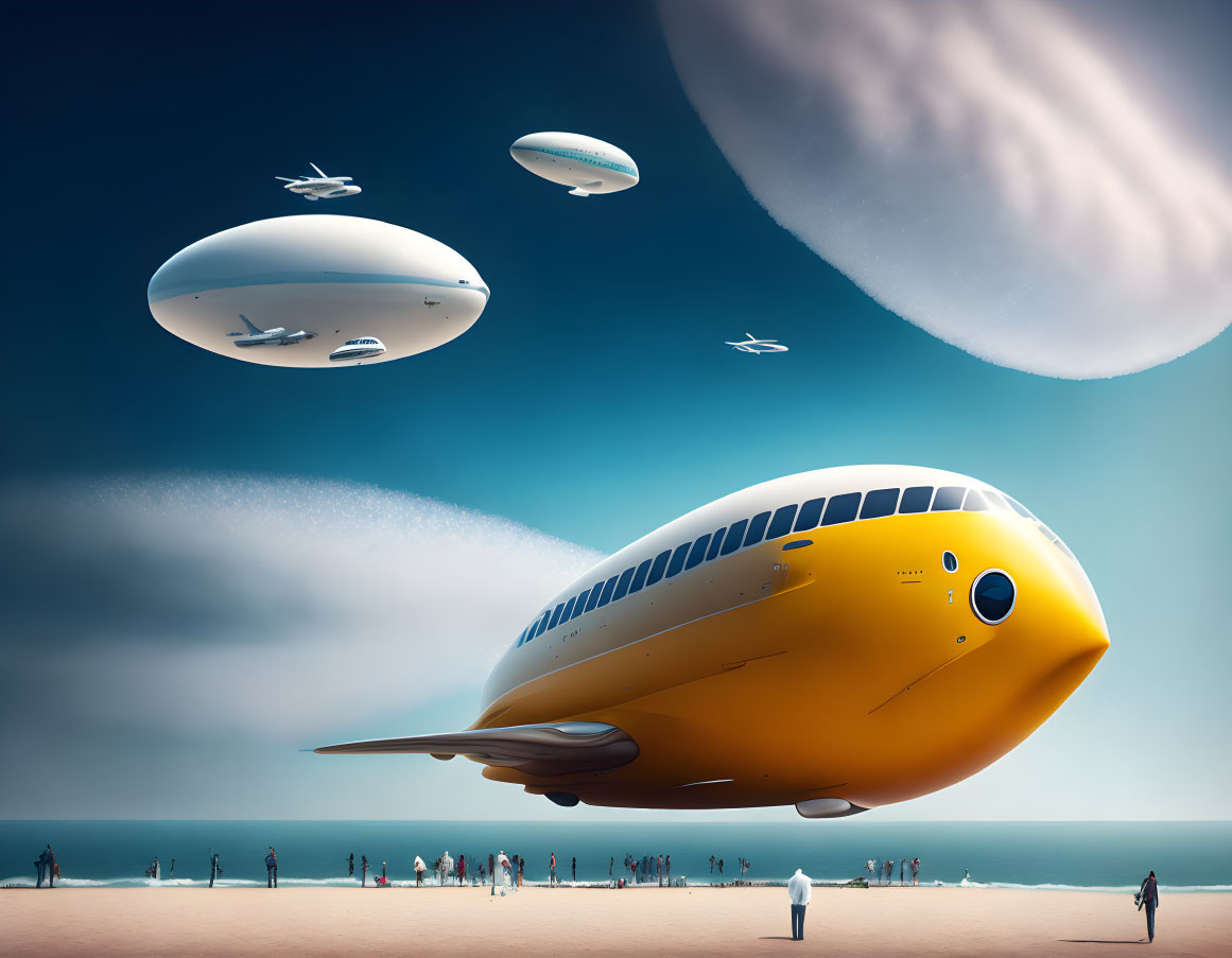 Large yellow fish-shaped airship lands on futuristic beach with hovering smaller airships and large planet backdrop