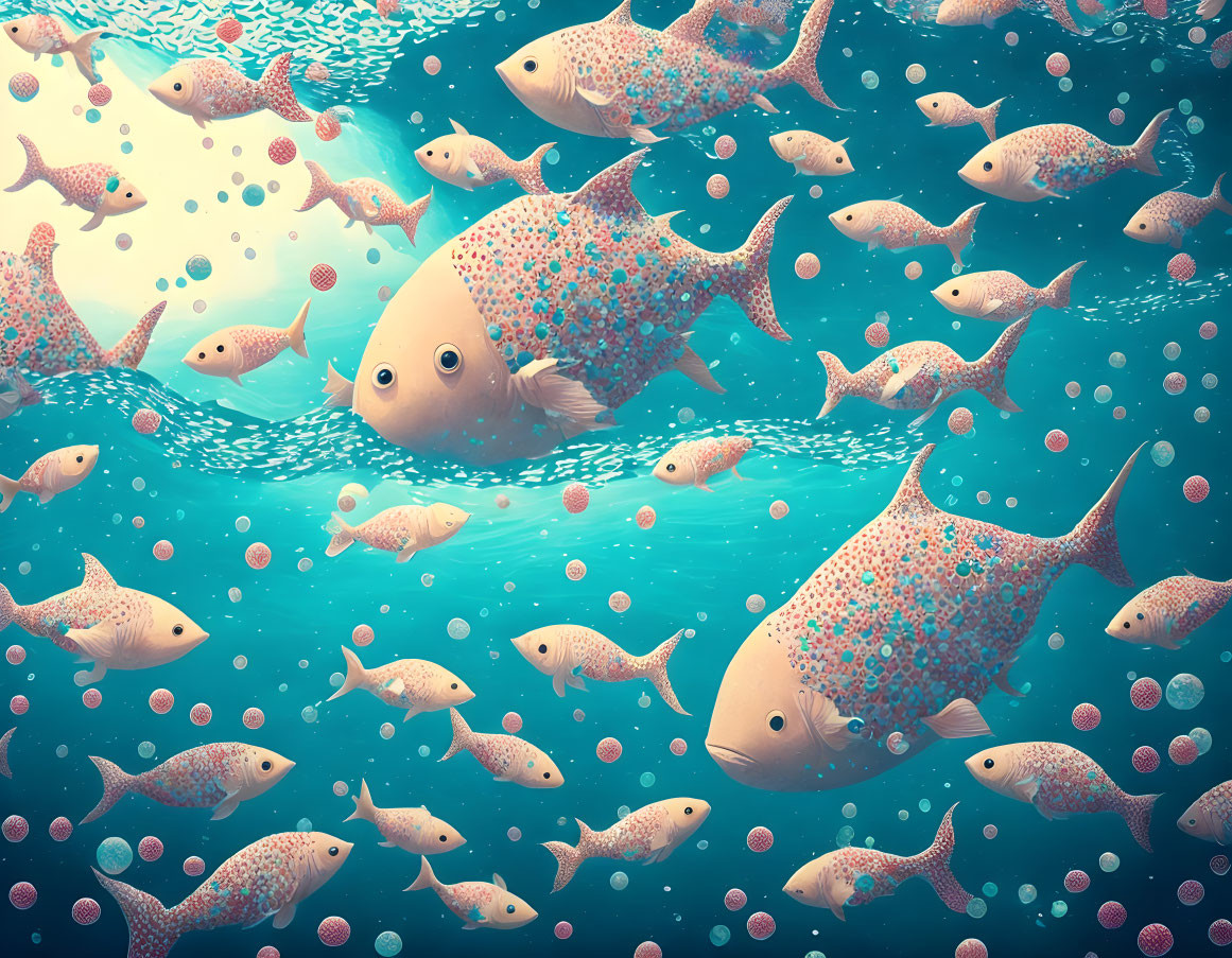 Colorful Fish School Swimming Underwater with Bubbles