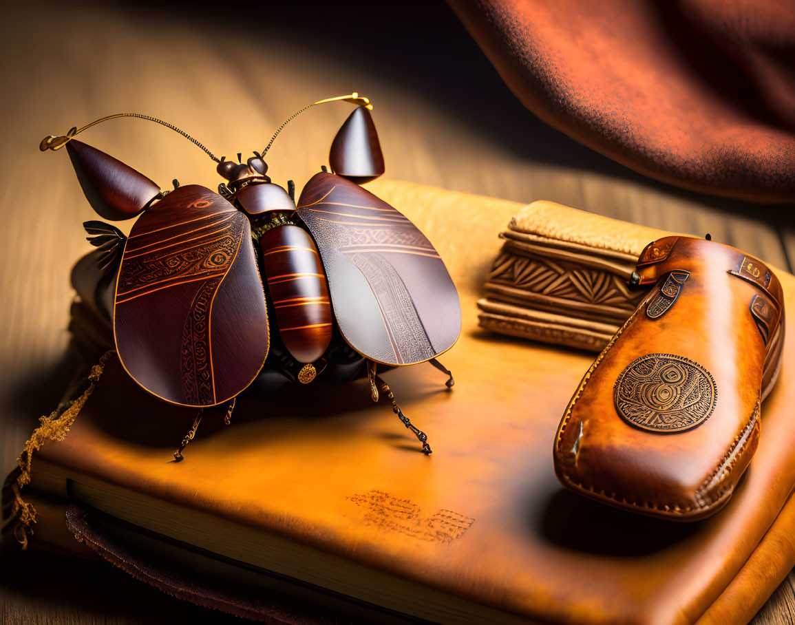 Steampunk-style mechanical beetle on old book with leather pouch and glasses