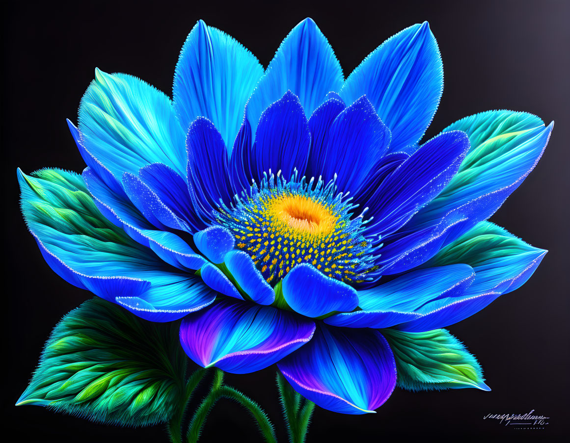 Colorful digital art: Large blue flower with yellow center and green leaves on dark backdrop