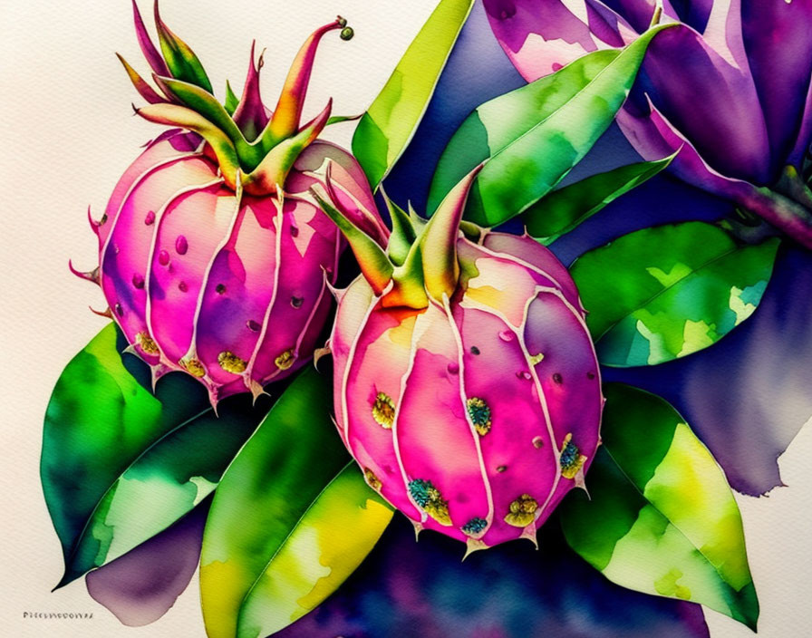 Colorful watercolor painting: Pink dragon fruit on green branches with purple flowers.