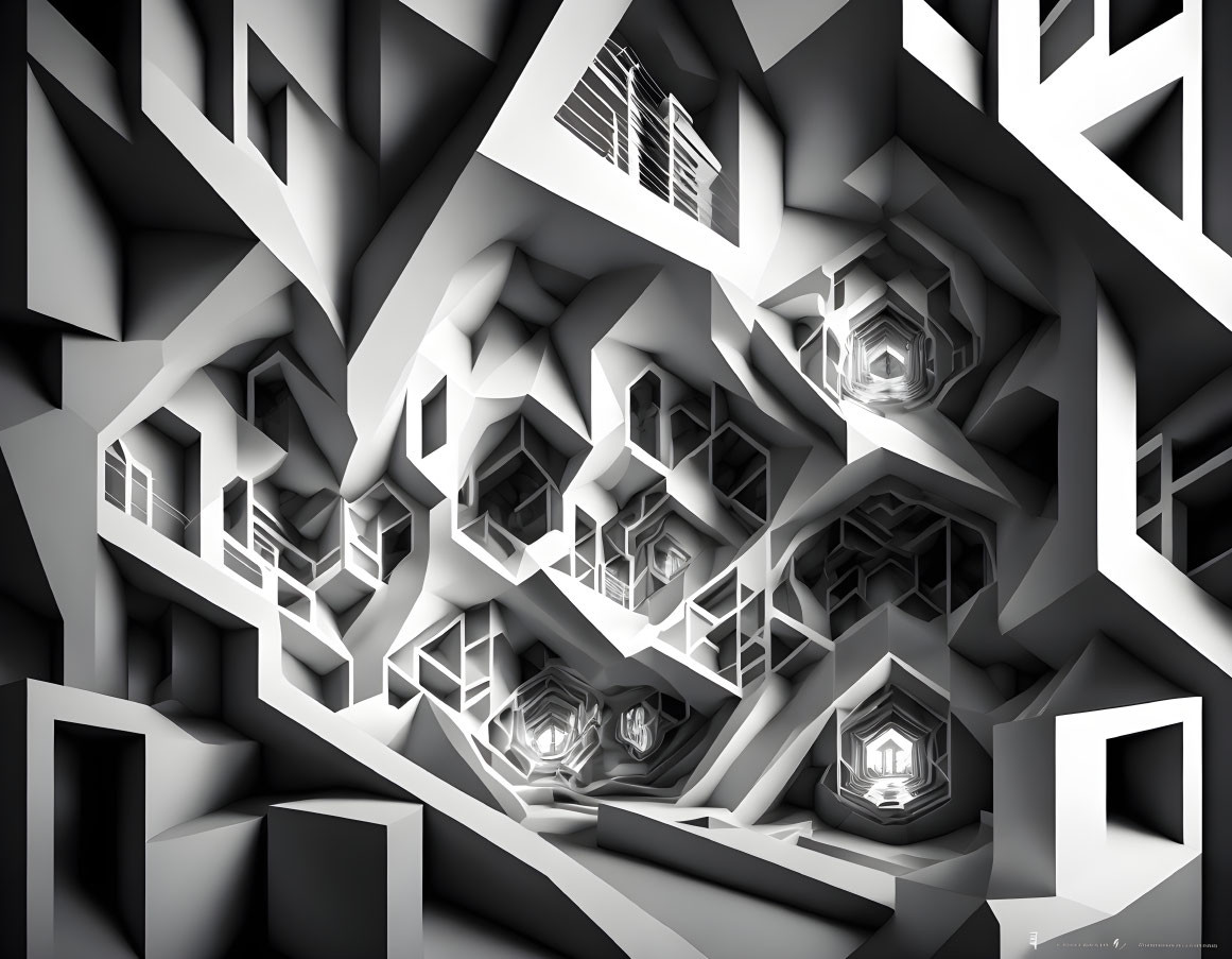 Abstract monochrome geometric pattern with repetitive shapes in a complex maze structure.