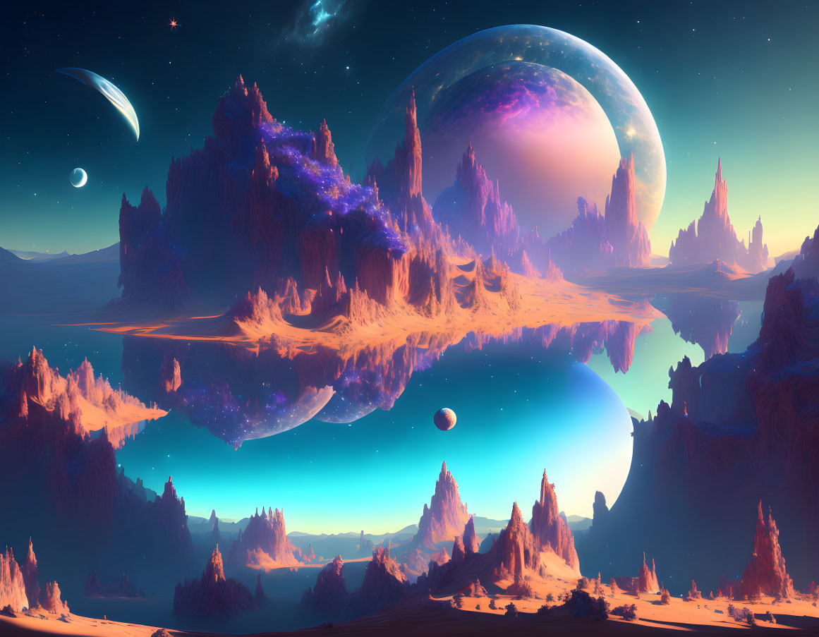 Alien landscape with floating rocks, ringed planet, moons, star-filled sky, warm colors