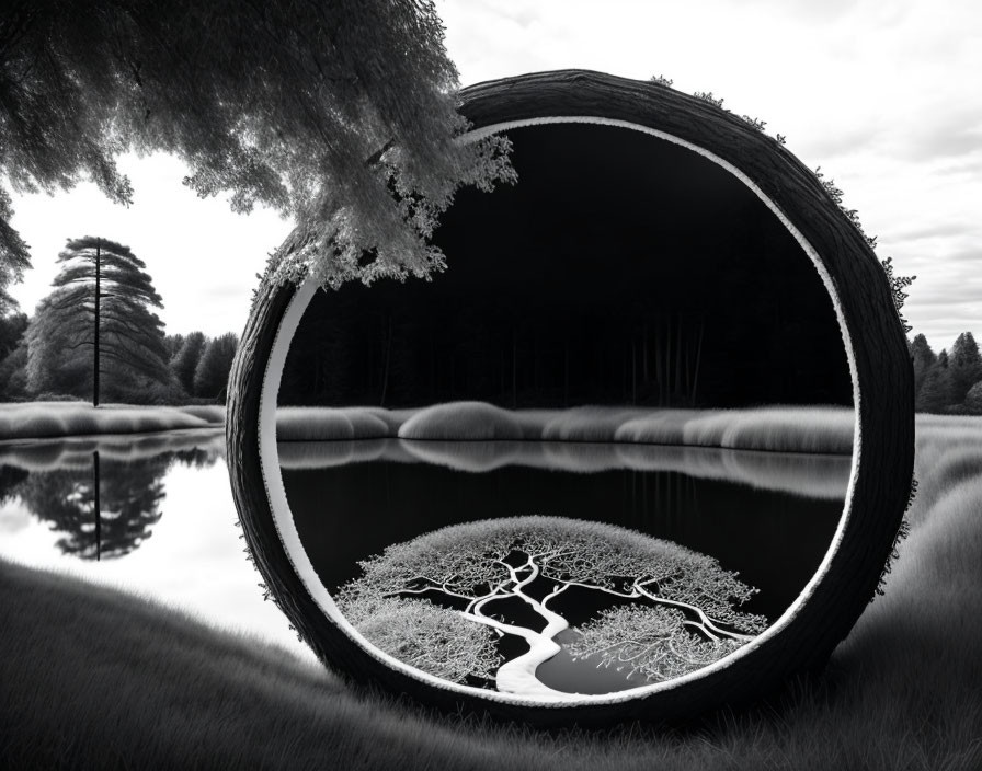 Monochromatic surreal landscape with reflective lake and inverted tree reflection