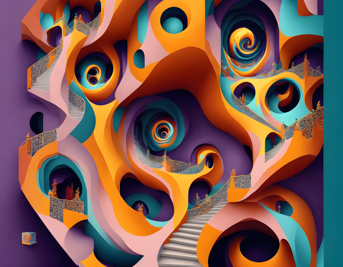 Vibrant surreal landscape with swirling patterns and staircases