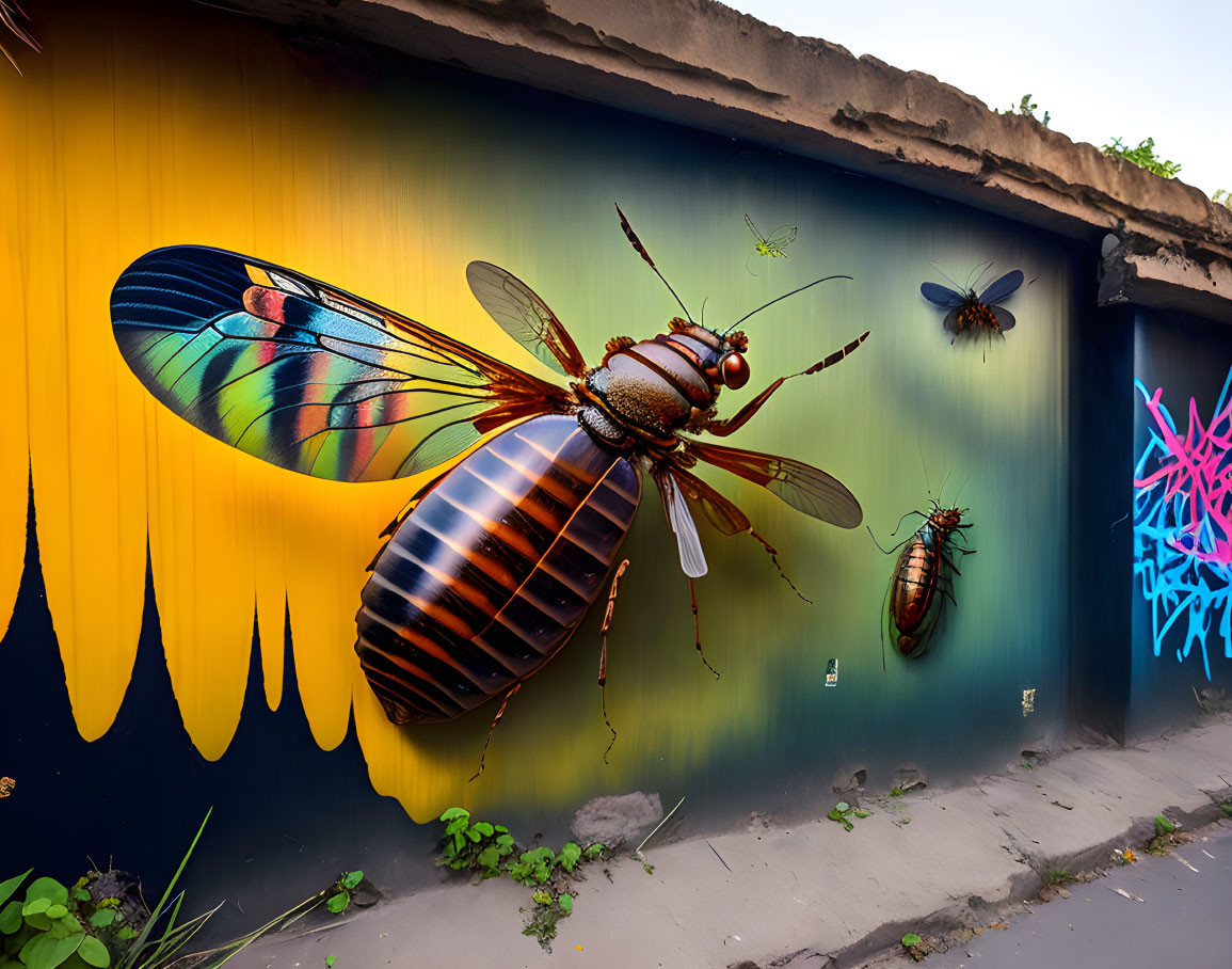 Vibrant hyperrealistic insect mural on yellow-black gradient wall