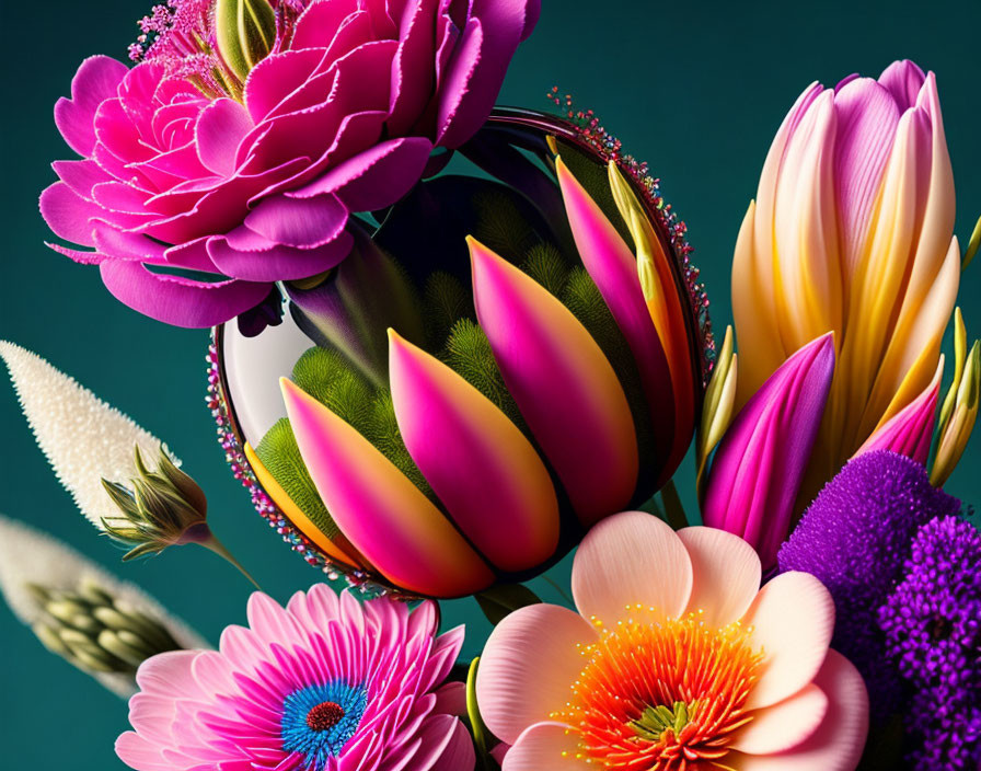 Colorful Flower Arrangement on Teal Background