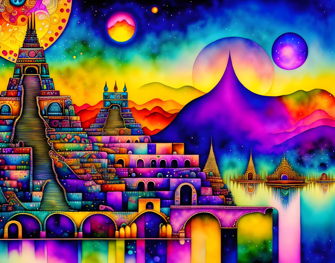 Colorful Psychedelic Landscape with Temples, Mountains, Sun, Planets, and Waterfalls