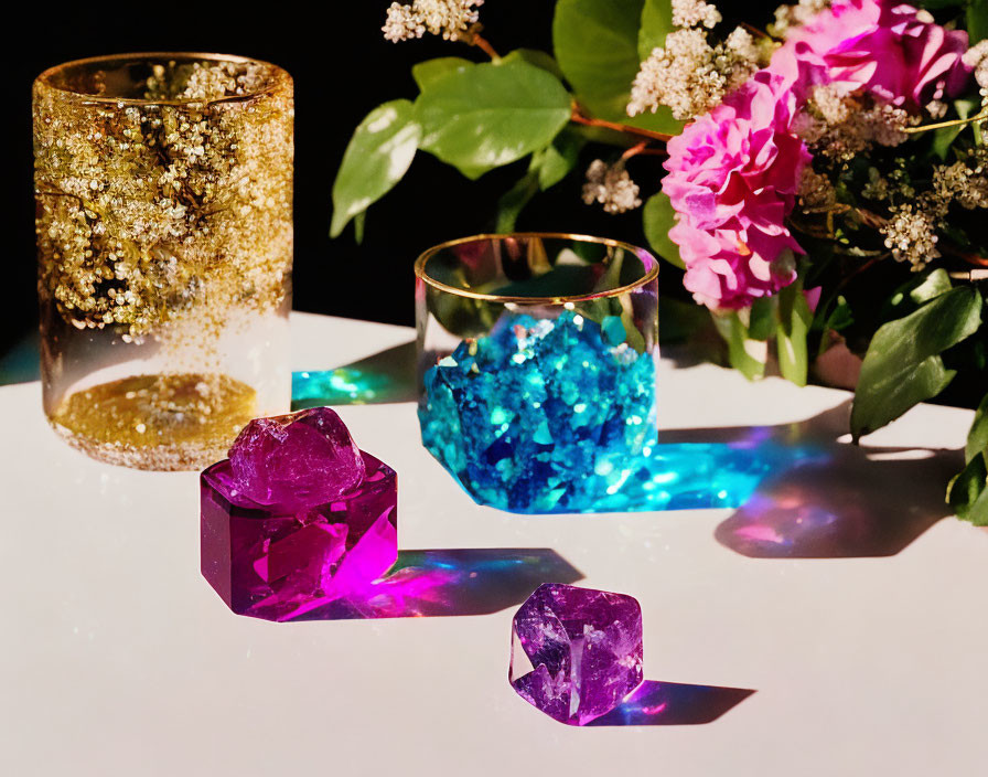 Glitter-filled glasses, pink crystals, and flowers with green leaves.