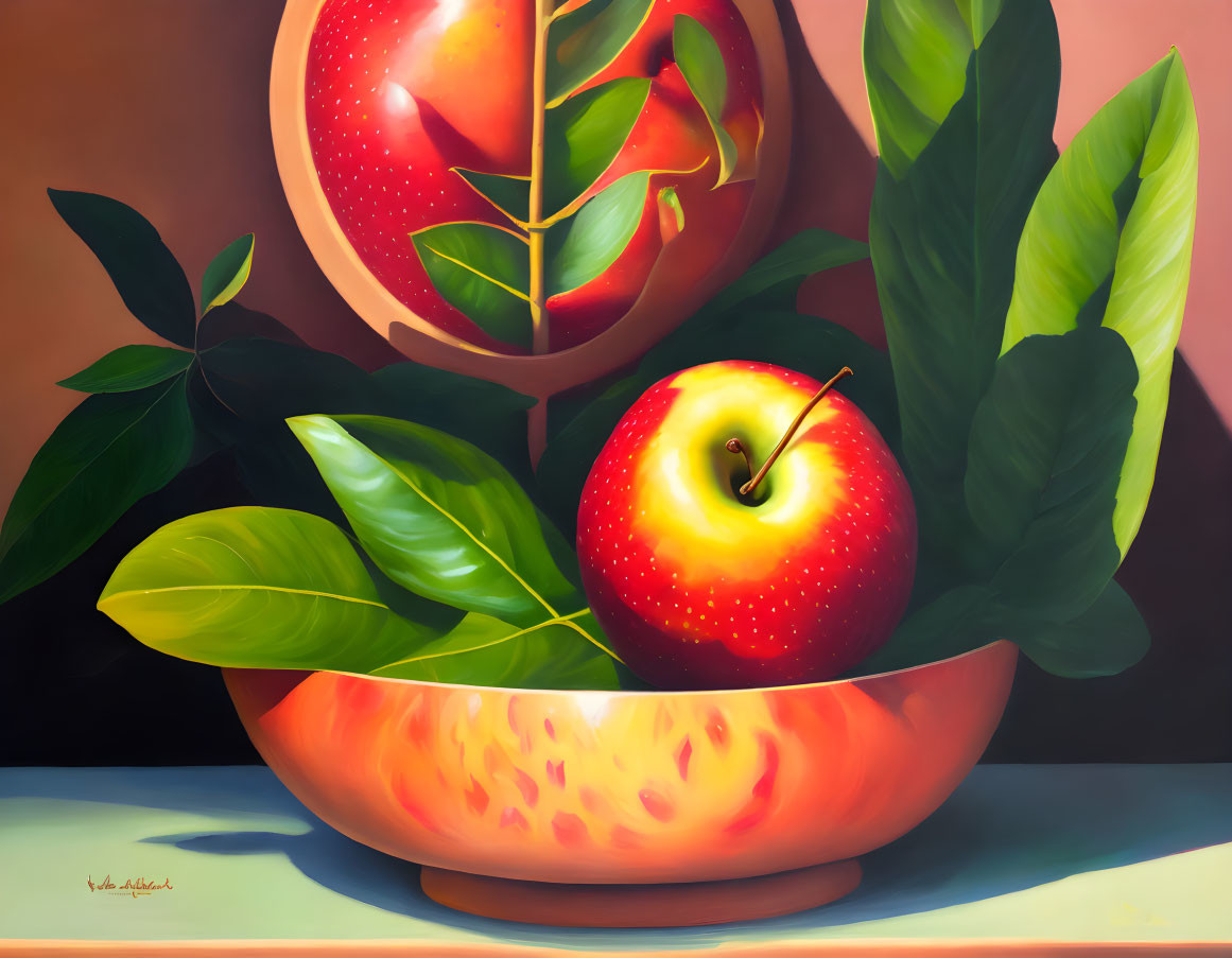 Realistic painting of ripe apple, tomatoes on branch in yellow bowl on beige background